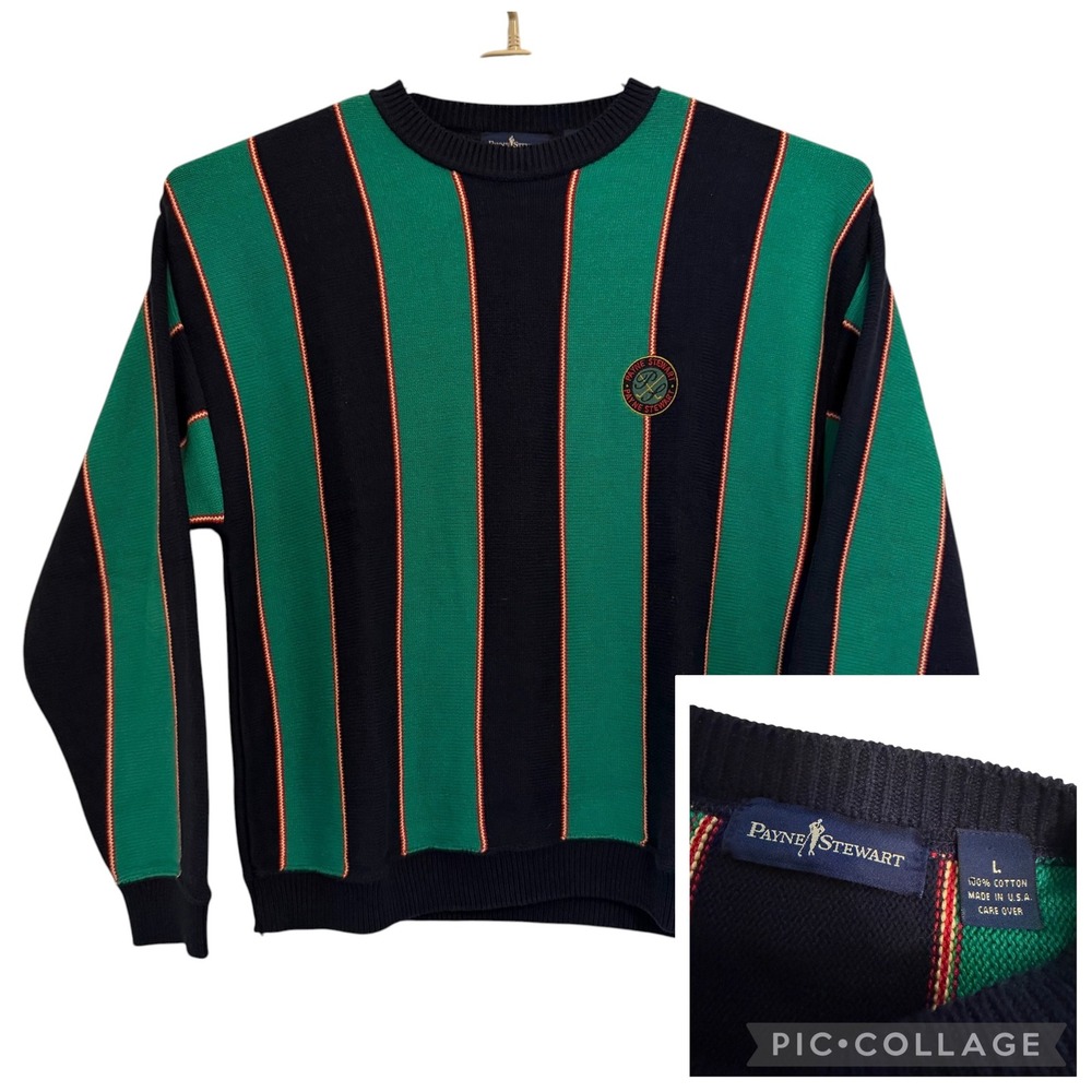 Payne Stewart Golf Sweater Large Vintage Striped Green Navy USA Made Chunky Knit